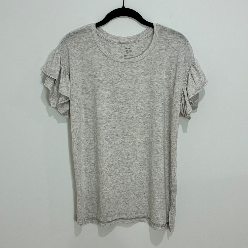 Aerie Just Add Leggings Ruffle Sleeve Heathered Jersey Top Gray XXS‎